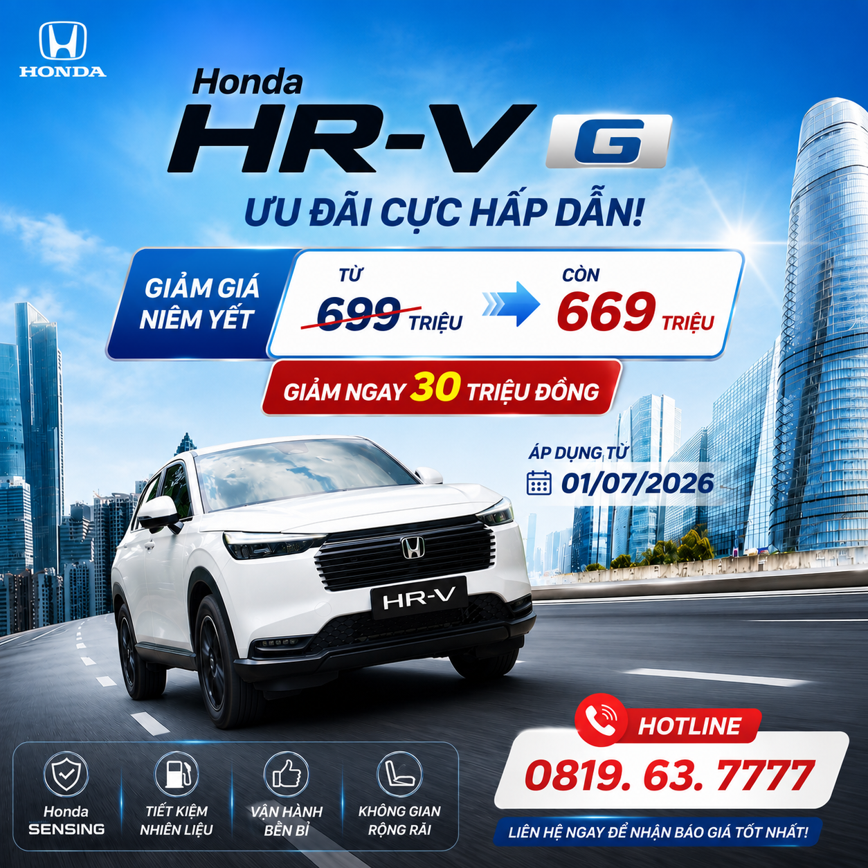Honda HR-V G giảm giá niêm yết từ 01/07/2026 – Chỉ từ 669 triệu đồng